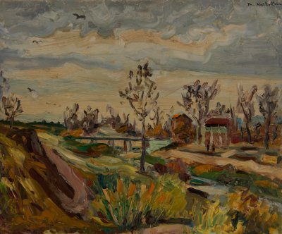 Out of Madrid, Landscape with Nerve — Oil painting, Fiberboard, 45.00×55.00cm — Theodoros Markellos